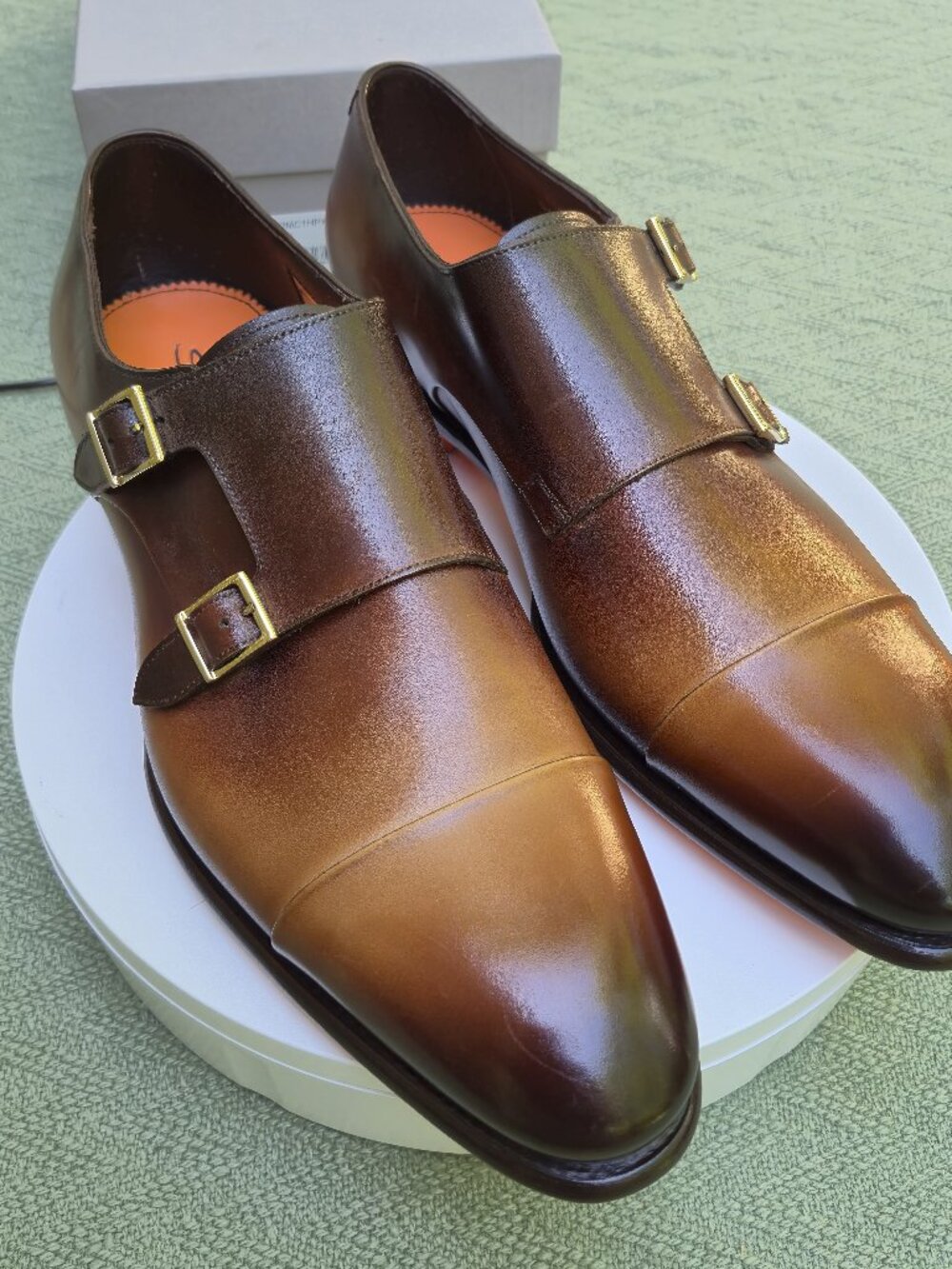 NIB Santoni Ira Calfskin Leather Double Monk Loafers Cognac US 11.5 UK10.5 $1500